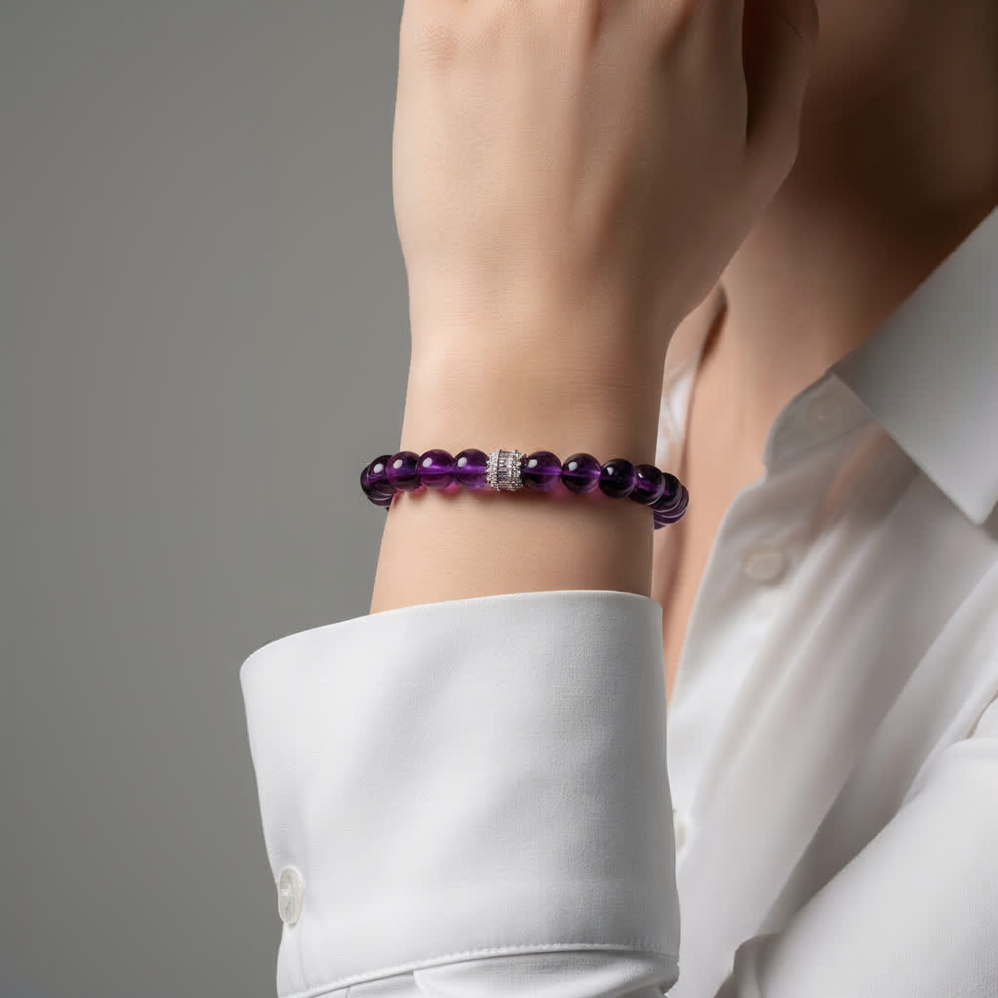 JWPatronus Amethyst Bracelet styled on wrist – refined modern crystal accessory