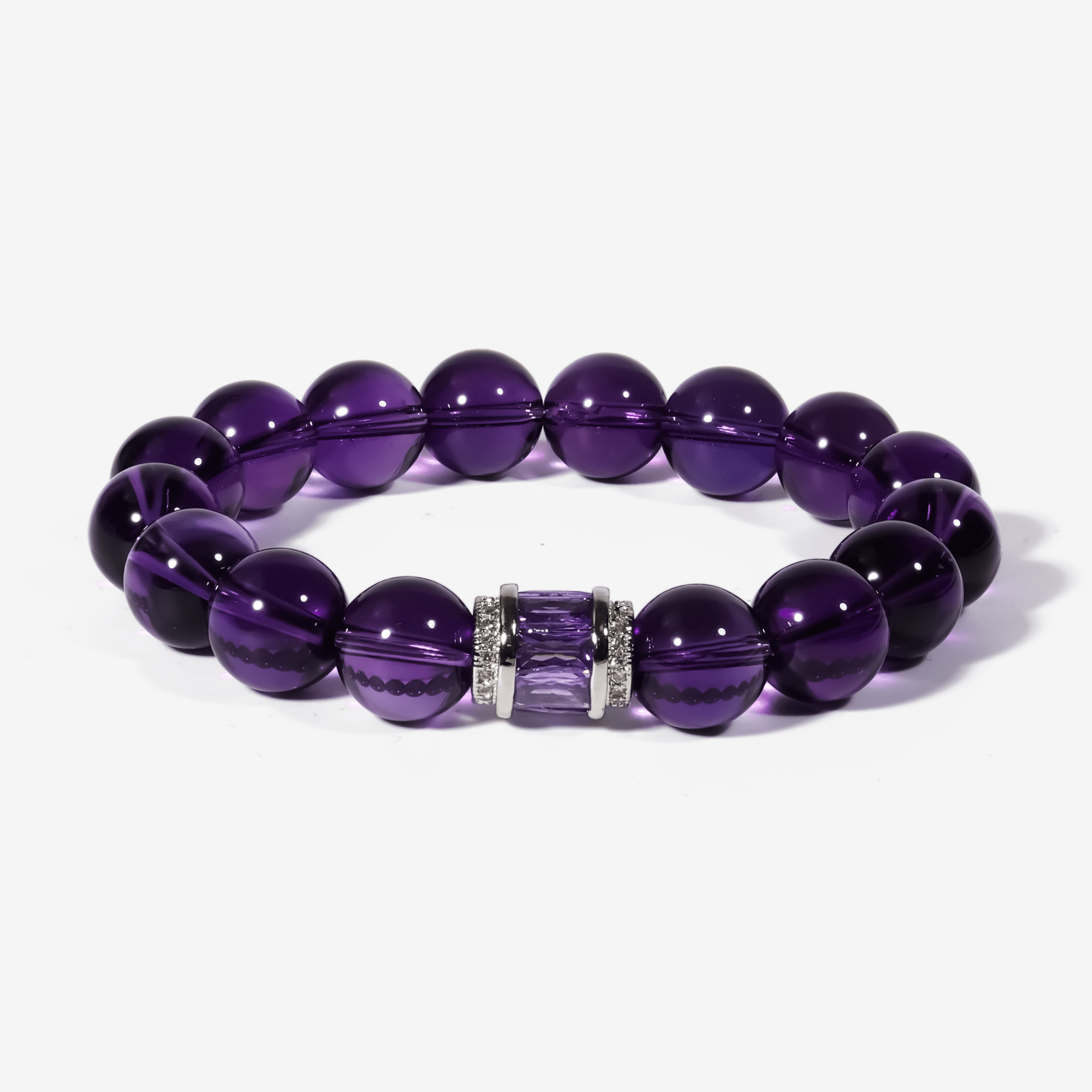 natural Sri Lankan amethyst bracelet with polished purple crystal beads and silver centerpiece