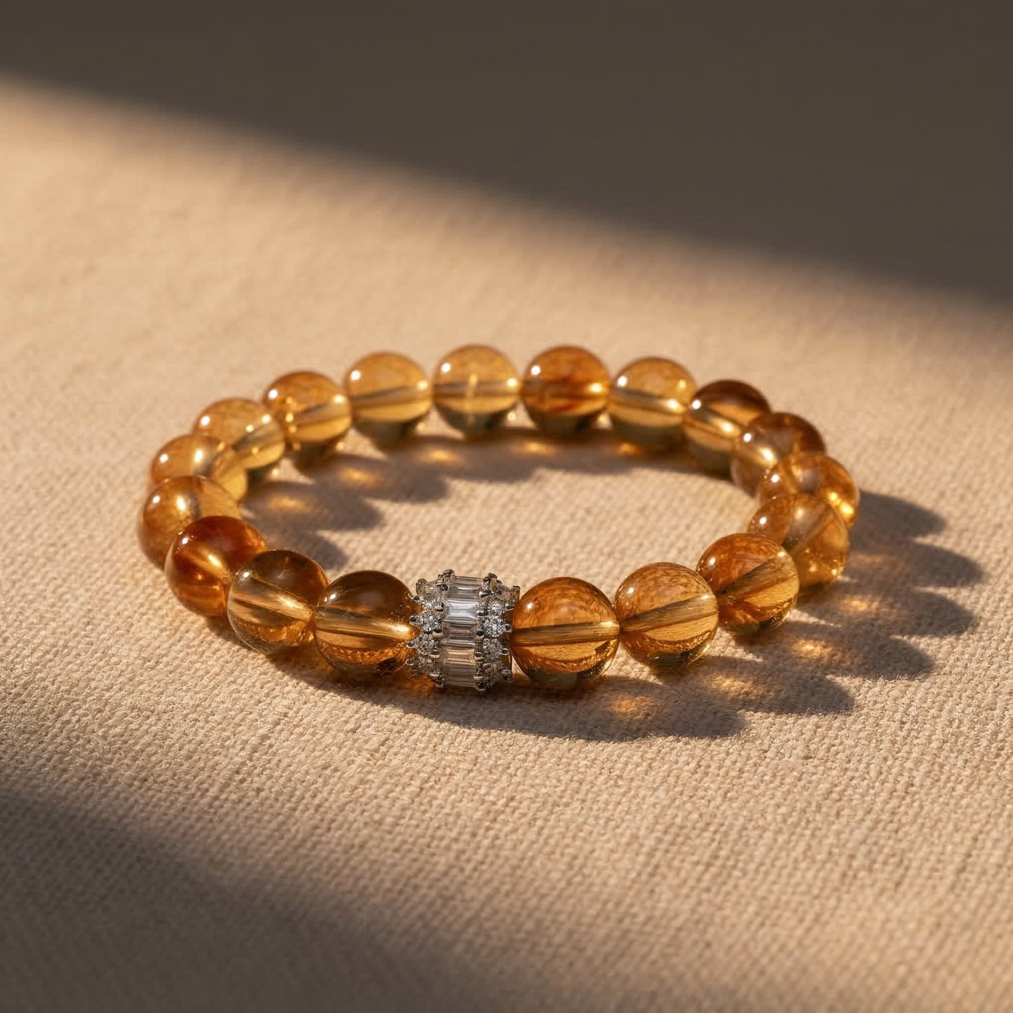 Radiant citrine gemstone bracelet flat lay – warm golden tones
