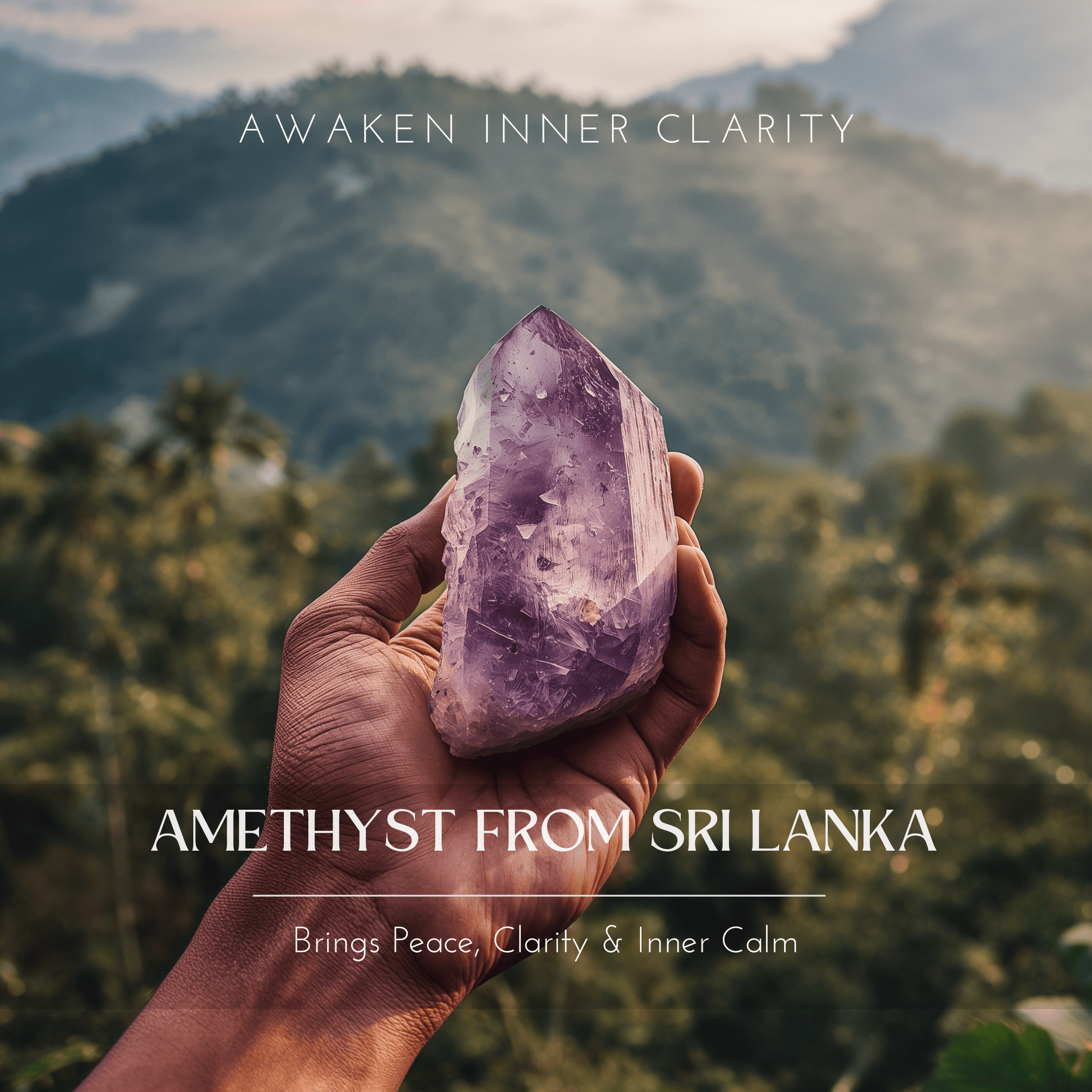 raw Sri Lankan amethyst healing crystal in hand, source stone for the JWPatronus amethyst bracelet