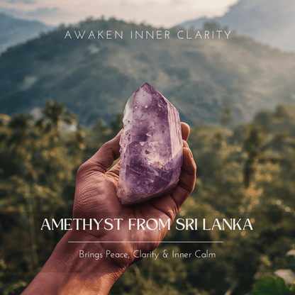 raw Sri Lankan amethyst healing crystal in hand, source stone for the JWPatronus amethyst bracelet