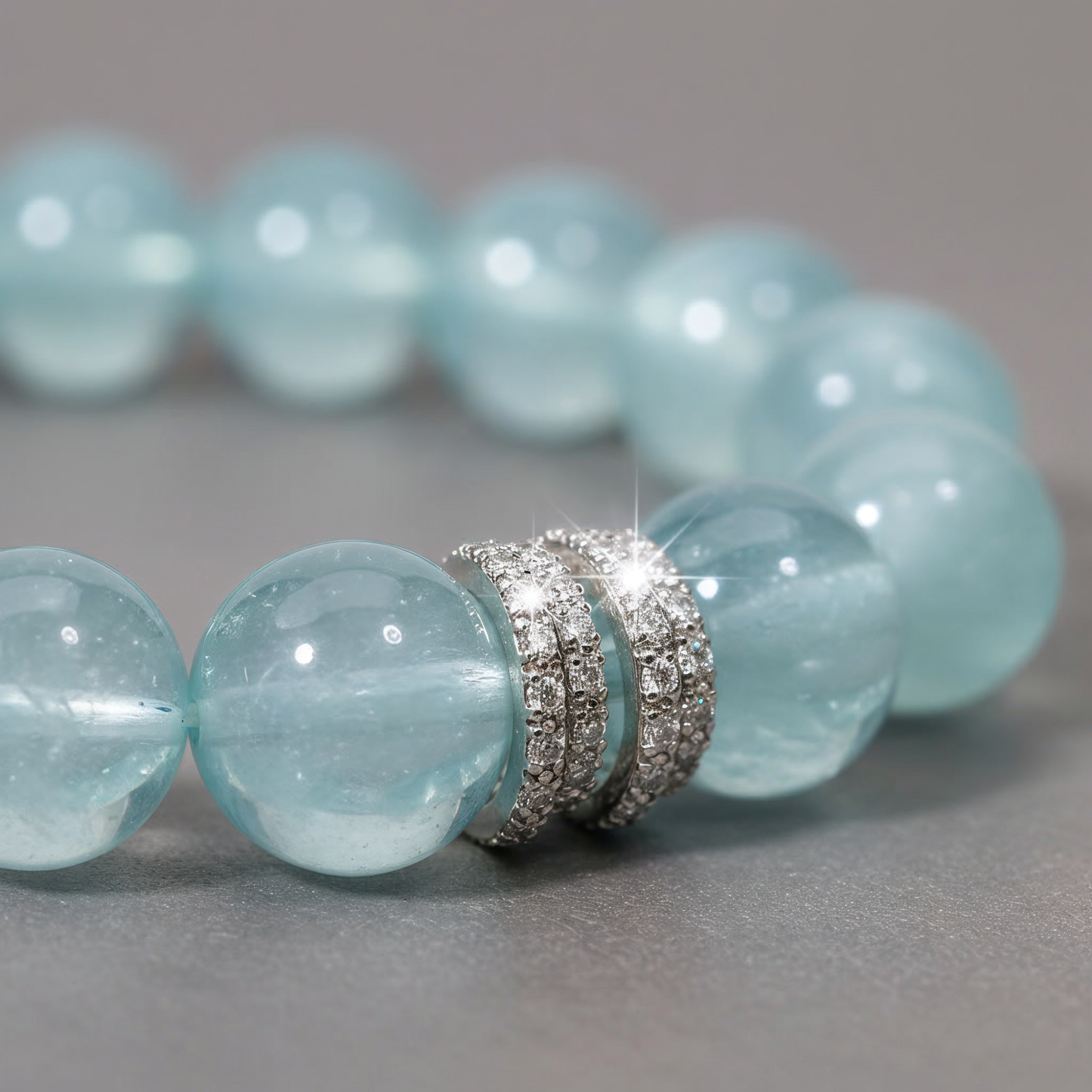 Close-up of 10mm aquamarine beads with 925 sterling silver spacer, premium gemstone bracelet detail