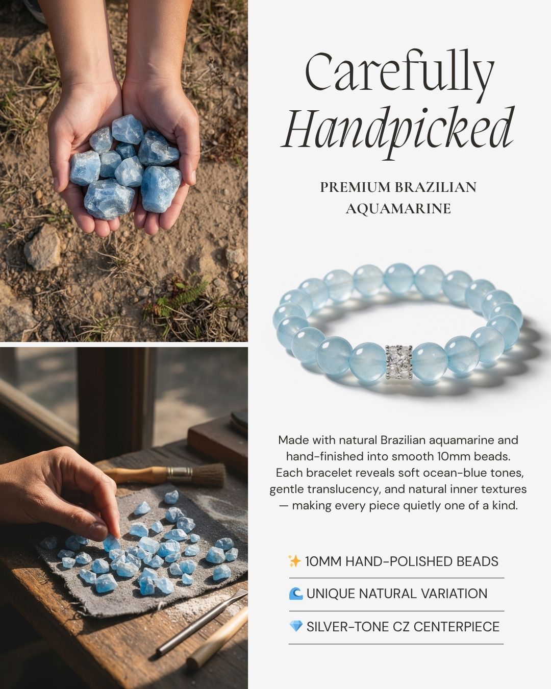 Coastal Elegance Aquamarine Bracelet handcrafted with natural Brazilian aquamarine 10mm beads and silver-tone CZ detail.