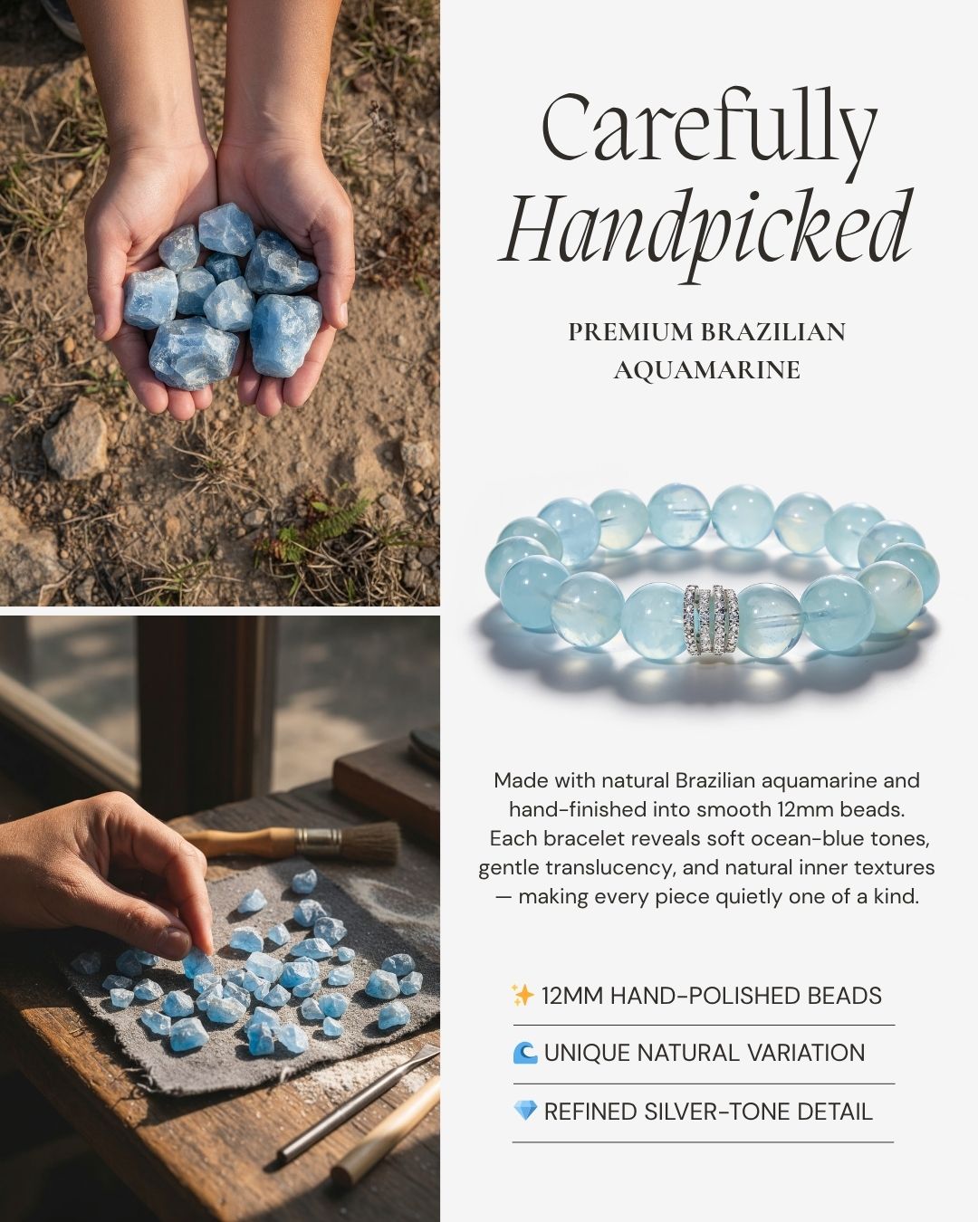 Natural Brazilian aquamarine bracelet with 12mm hand-polished beads and carefully selected raw gemstones.