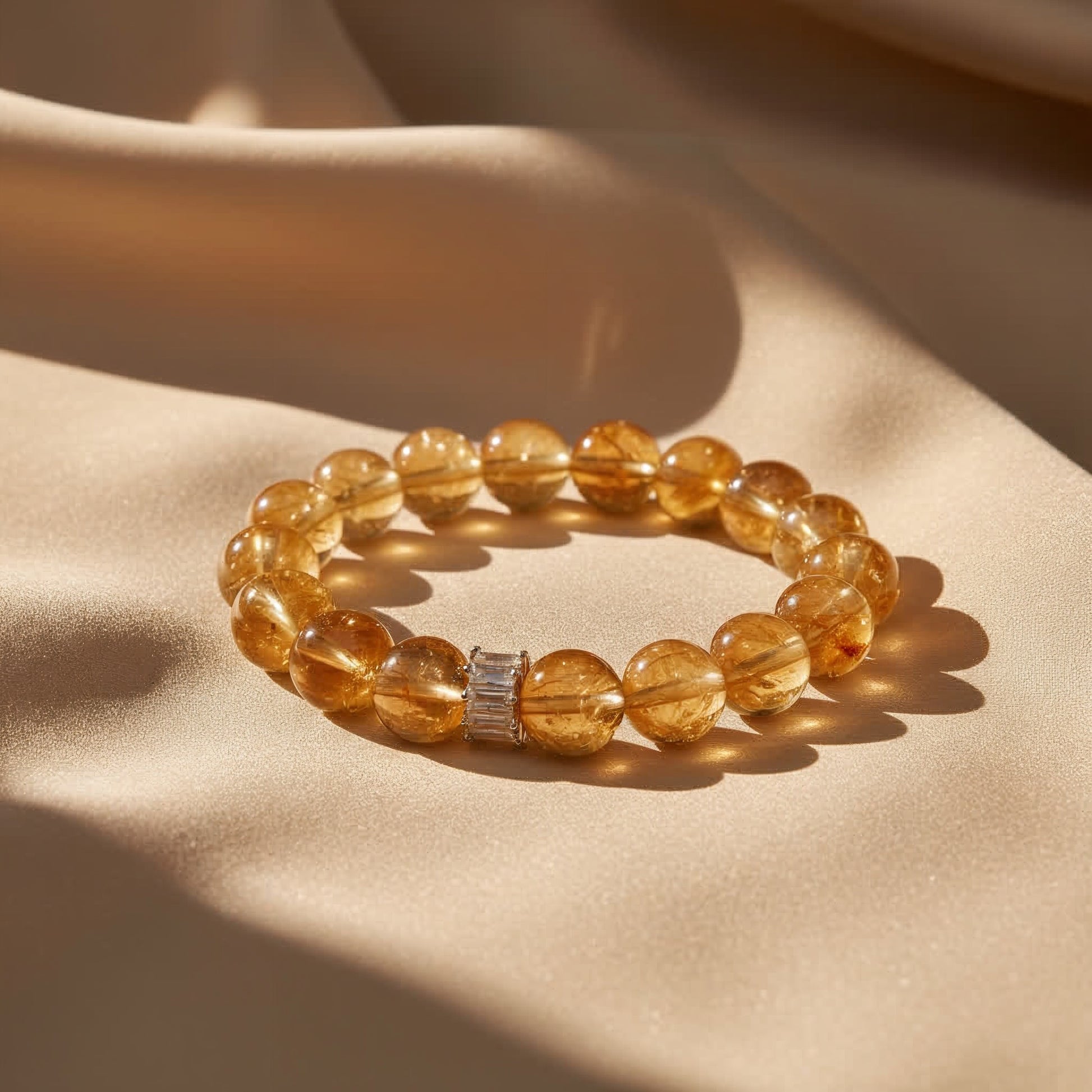 Citrine gemstone jewelry bracelet flat lay – radiant yellow citrine beaded bracelet