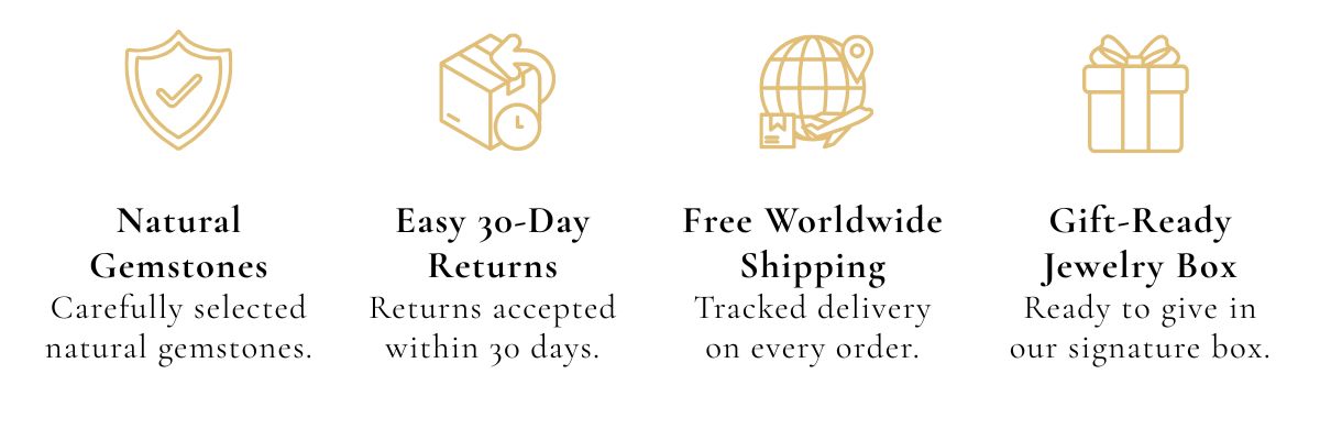 JWPatronus trust badges showing natural gemstones, 30-day returns, free worldwide shipping, and gift-ready packaging.