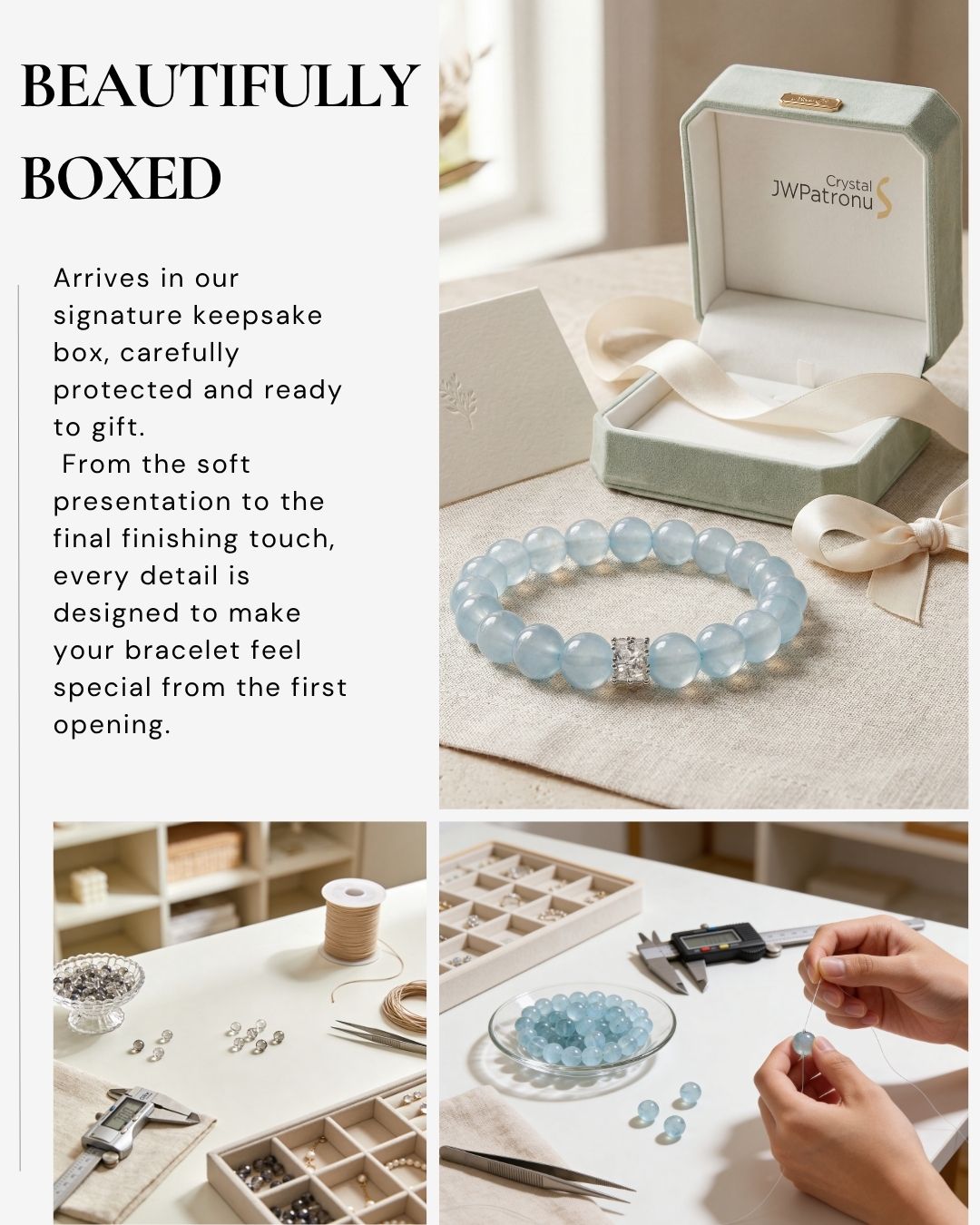 Gift-ready Coastal Elegance Aquamarine Bracelet in JWPatronus signature jewelry box with handcrafted details.