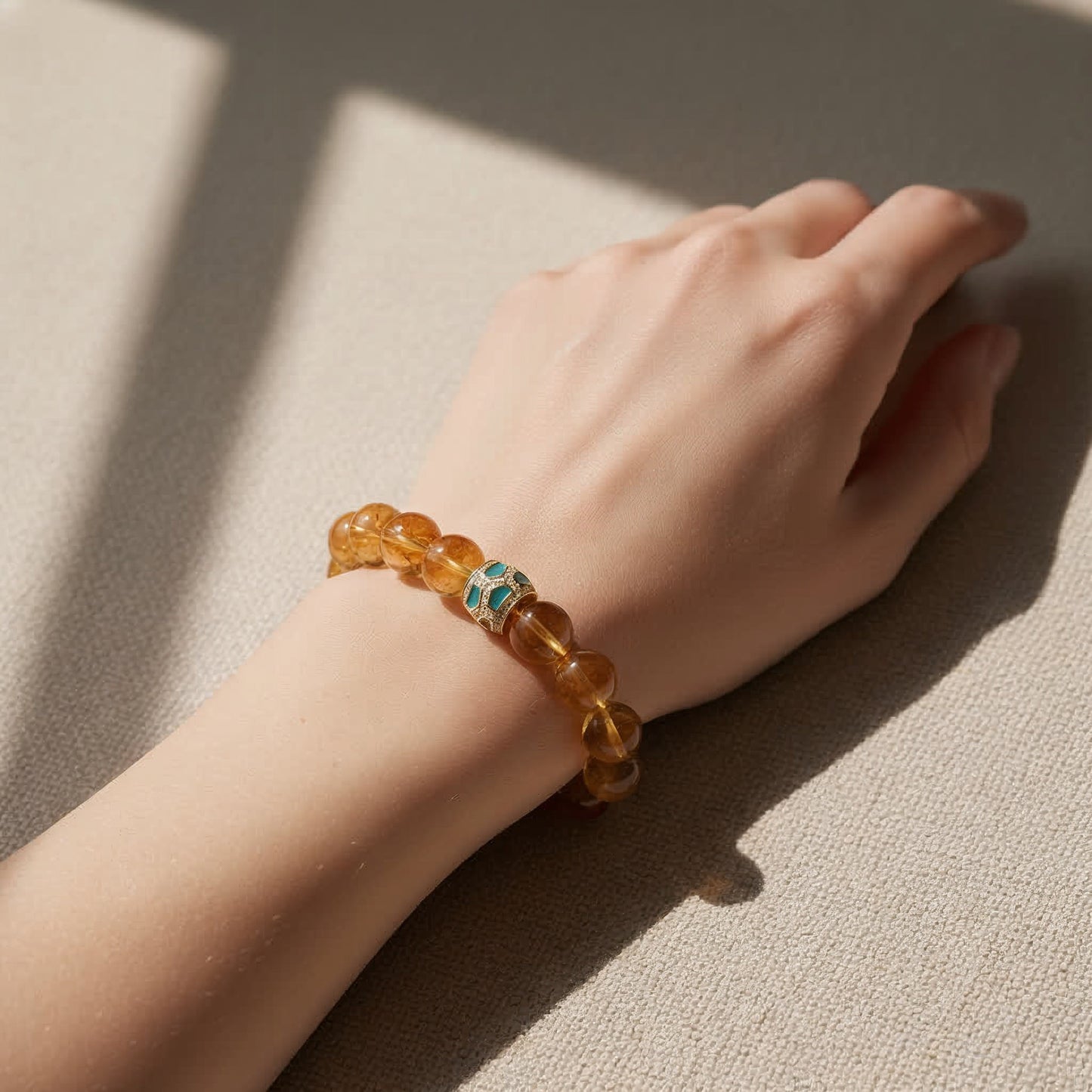 Handmade citrine bracelet on wrist – natural Brazilian citrine jewelry