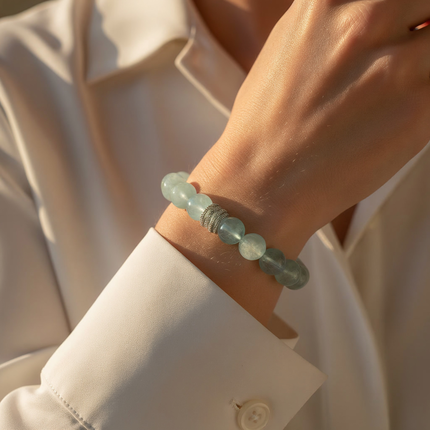 Aquamarine birthstone bracelet (March) with 10mm beads and sterling silver accent, front view