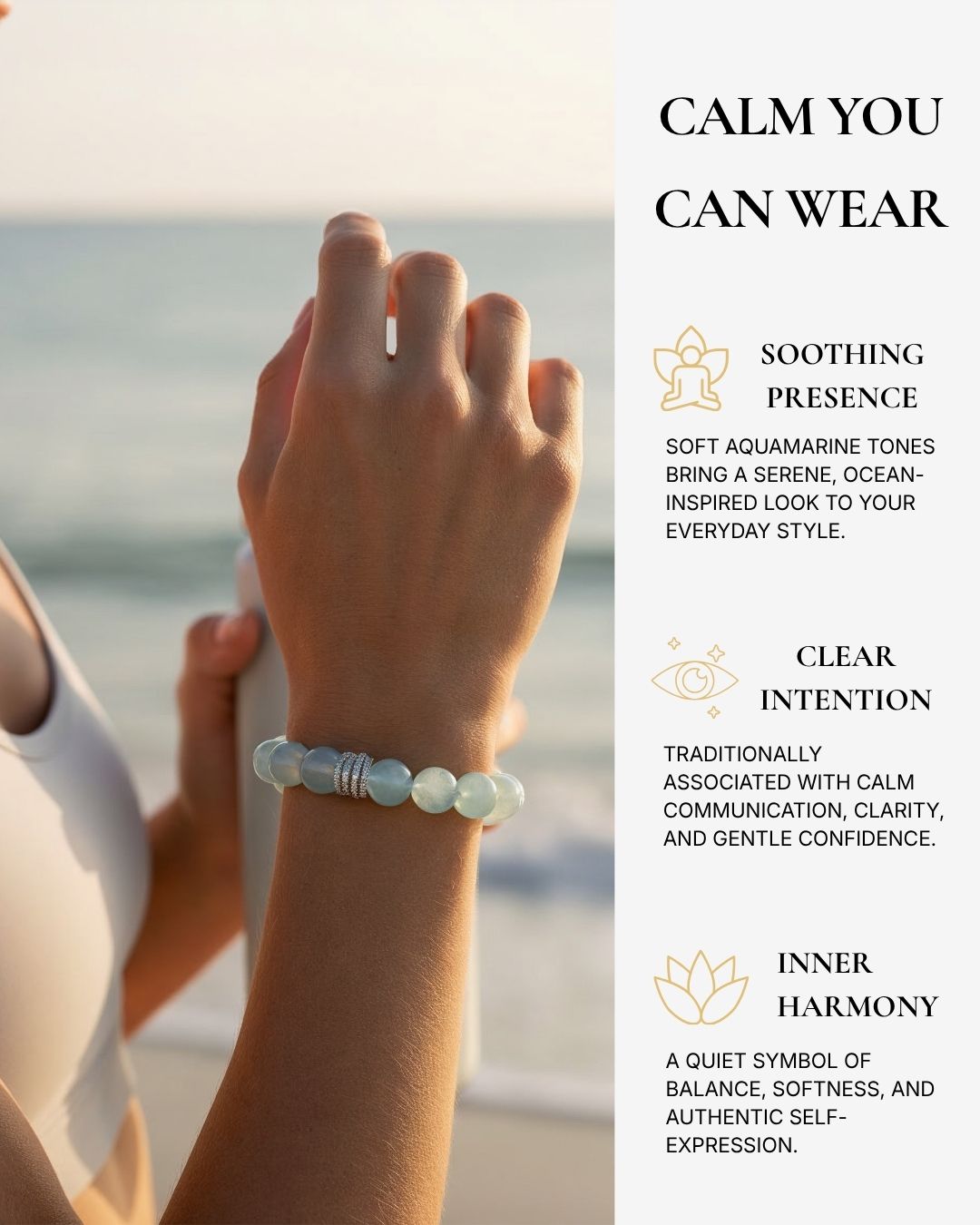 Ocean Calm Aquamarine Bracelet worn by the ocean with soft blue natural aquamarine beads.