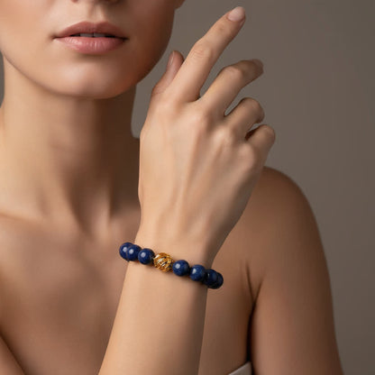 Golden Lucky Lapis Bracelet – 0.39-inch (10mm) deep-blue Lapis Lazuli beads with 14k gold-plated transformation bead, symbol of wisdom and good fortune by JWPatronus