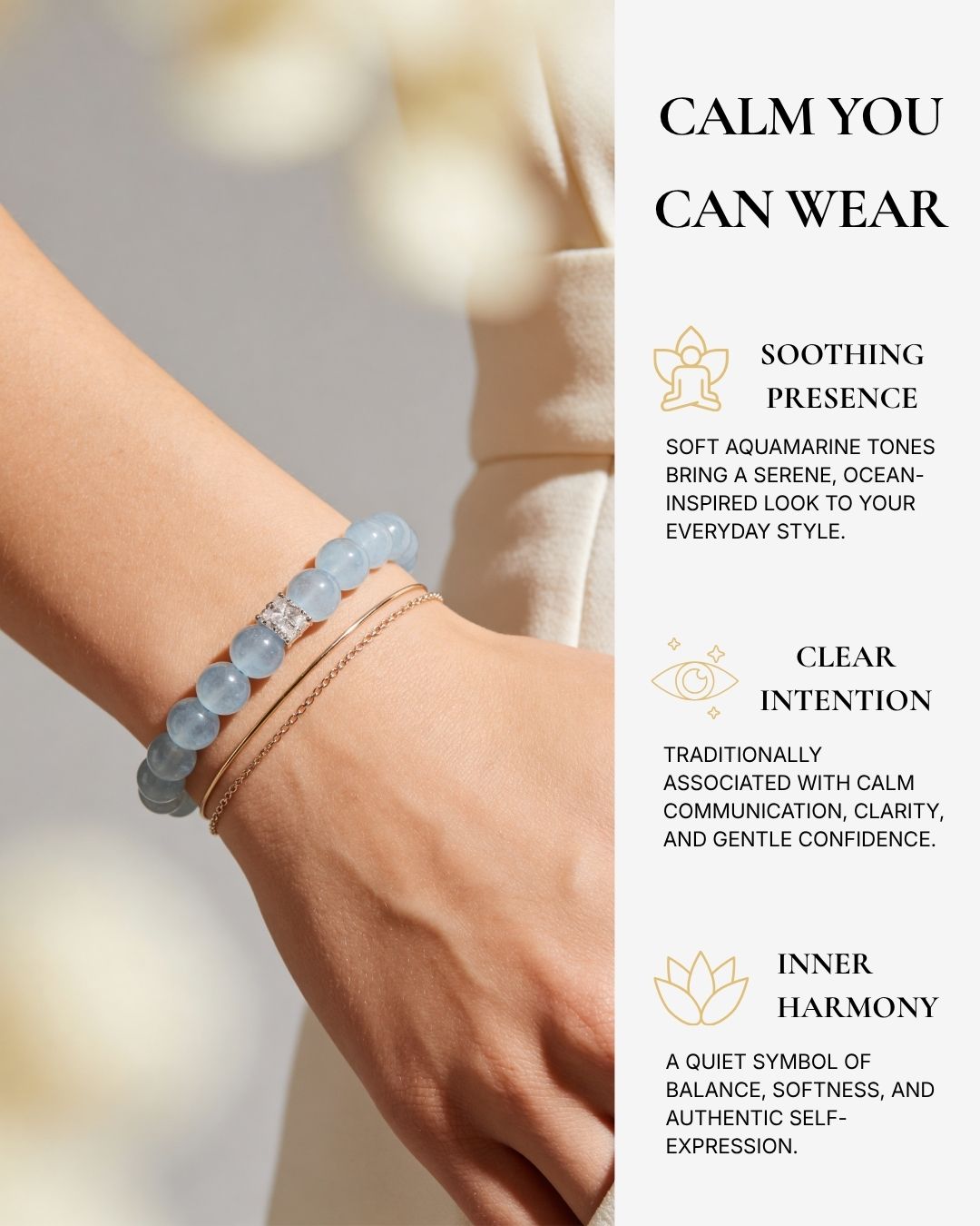 Coastal Elegance Aquamarine Bracelet worn by the ocean with soft blue 10mm natural aquamarine beads.