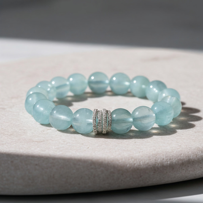 10mm aquamarine beaded bracelet with 925 sterling silver accent, elegant gift-ready jewelry