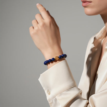 Golden Lucky Lapis Bracelet – 0.39-inch (10mm) deep-blue Lapis Lazuli beads with 14k gold-plated transformation bead, symbol of wisdom and good fortune by JWPatronus
