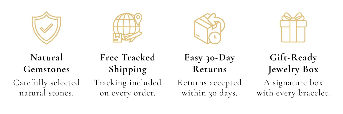 JWPatronus bracelet benefits: natural gemstones, easy 30-day returns, free tracked shipping, and a gift-ready jewelry box included with every bracelet.