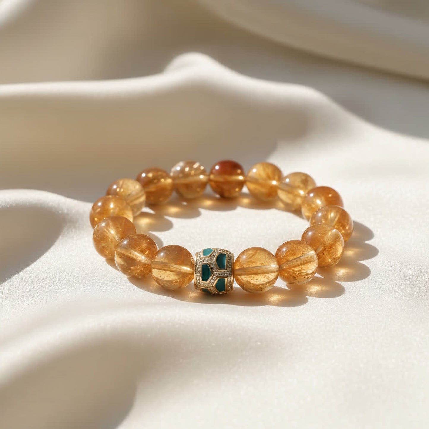 Natural citrine beaded bracelet with green agate centerpiece – Amber Glow