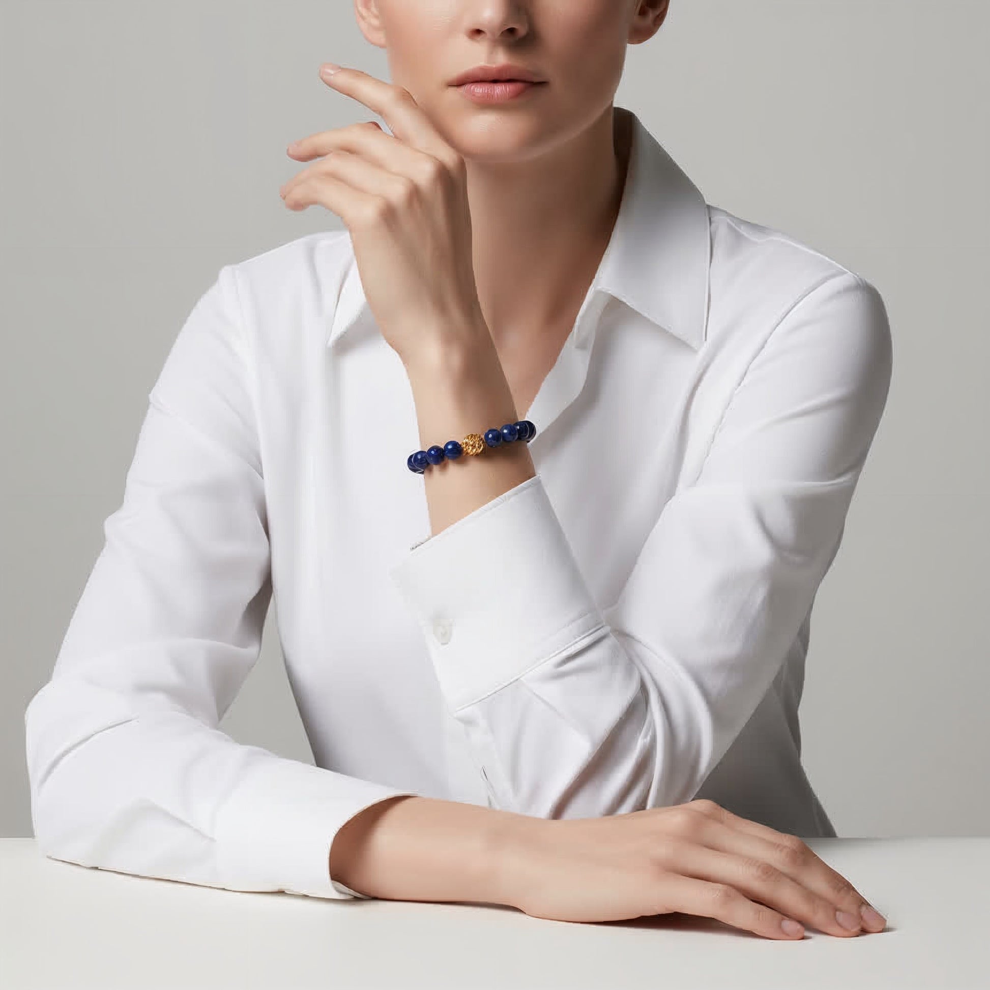 Golden Lucky Lapis Bracelet – 0.39-inch (10mm) deep-blue Lapis Lazuli beads with 14k gold-plated transformation bead, symbol of wisdom and good fortune by JWPatronus