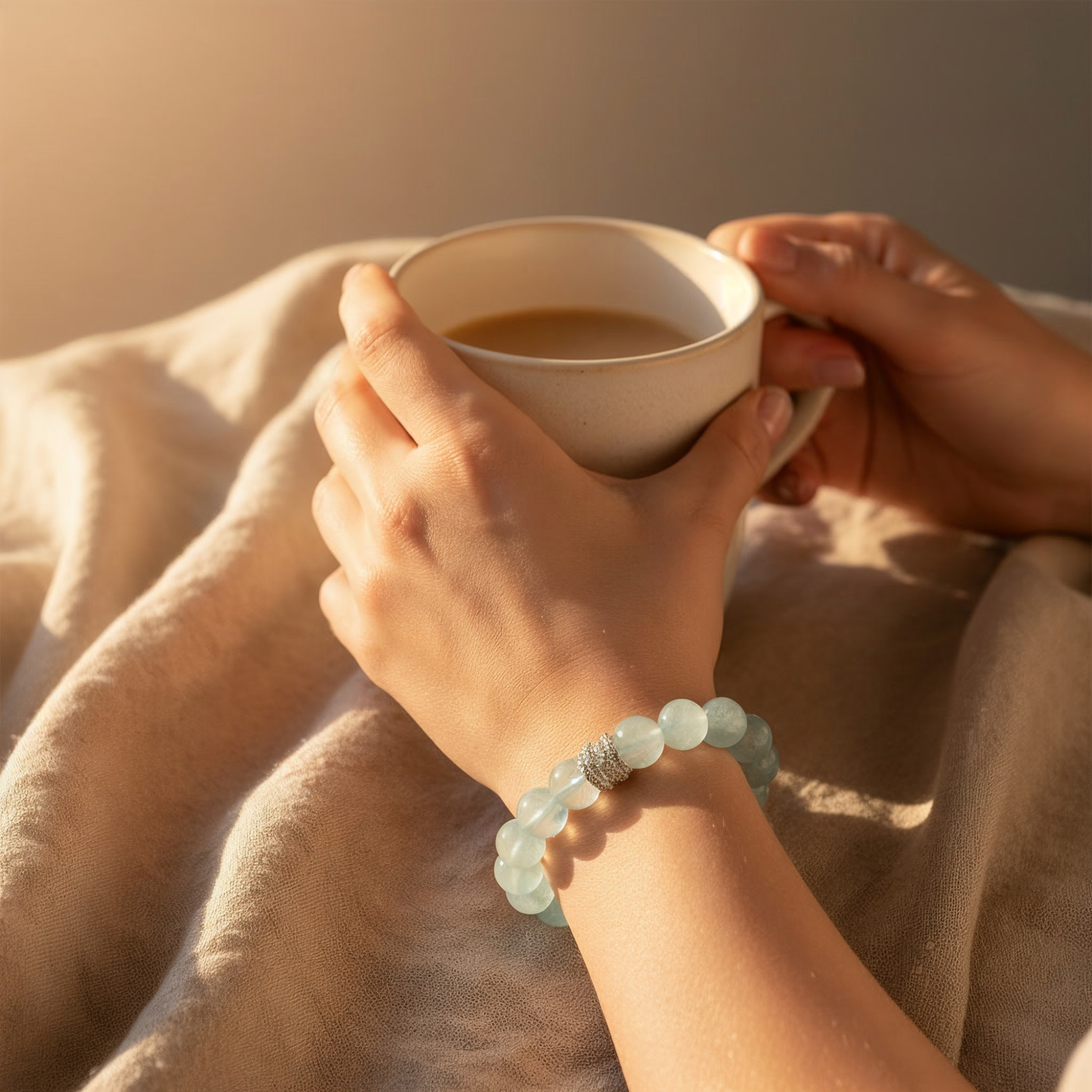 Natural aquamarine gemstone bracelet photographed in lifestyle setting, 10mm beads and silver accent