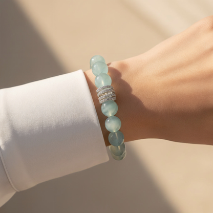 Natural aquamarine beaded bracelet for women, 10mm round beads, light ocean-blue gemstone glow