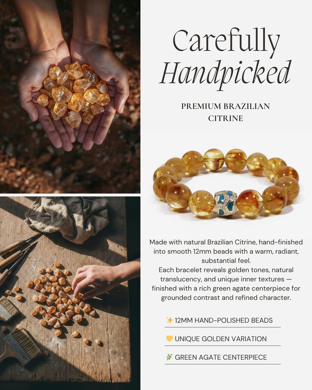 Amber Glow Citrine Bracelet made with natural Brazilian citrine, 12mm hand-polished beads, a rich green agate centerpiece, and refined gold-tone detail.