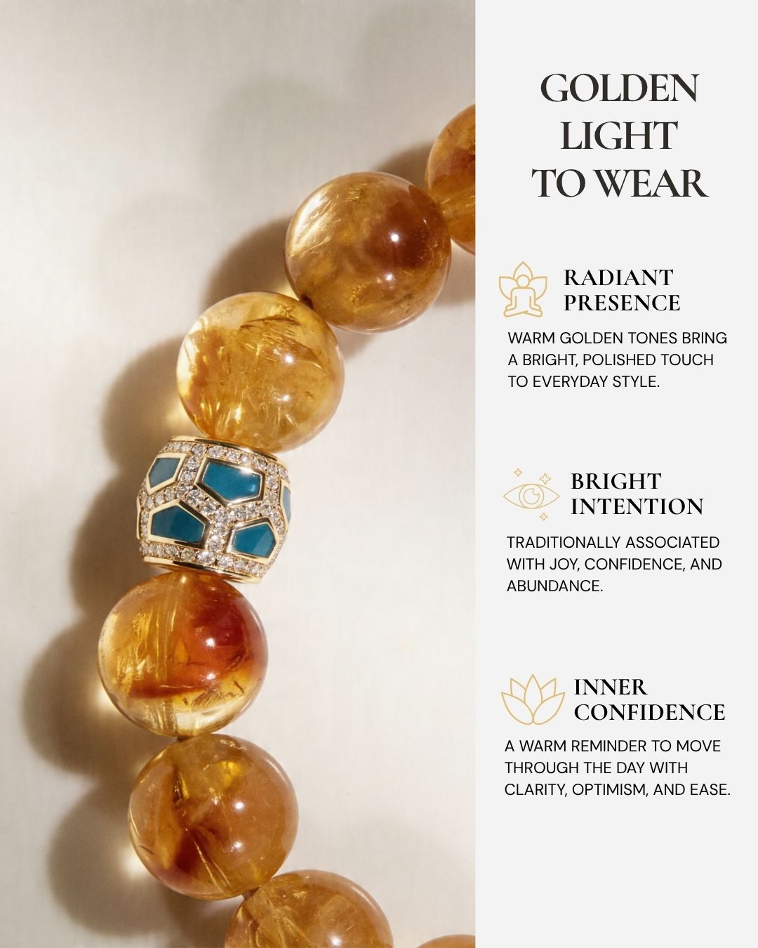 Amber Glow Citrine Bracelet worn on the wrist, featuring warm golden citrine beads, a green agate centerpiece, and a reminder of abundance, confidence, and balance.