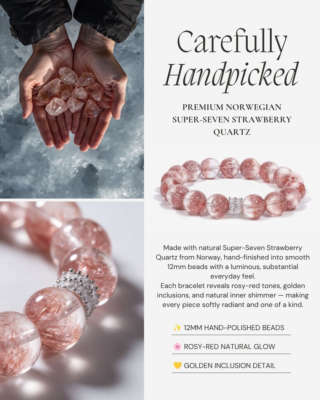 Aurora Bloom Strawberry Quartz Bracelet made with natural Norwegian Super-Seven Strawberry Quartz, 12mm hand-polished beads, rosy-red tones, golden inclusions, and natural inner shimmer.