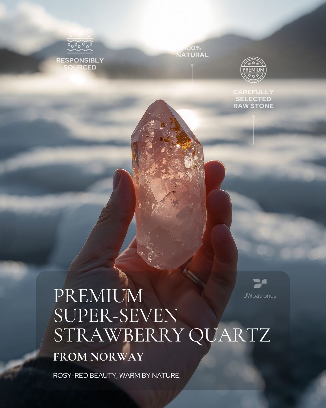 Natural Super-Seven Strawberry Quartz raw stone from Norway showing rosy-red tones, golden inclusions, natural shimmer, and carefully selected gemstone quality for Aurora Bloom Strawberry Quartz Bracelet.