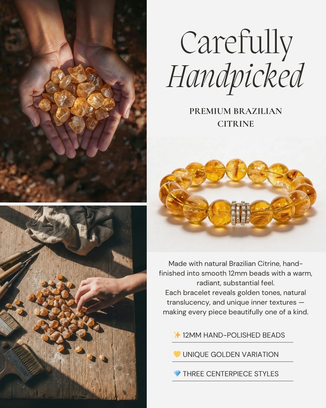 Brazilian Citrine Bracelet made with natural citrine, 12mm hand-polished beads, and three refined centerpiece styles to choose from.
