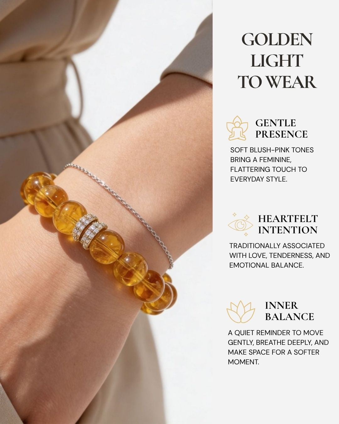 Brazilian Citrine Bracelet worn on the wrist, featuring warm golden citrine beads and a reminder of joy, confidence, abundance, and everyday optimism.