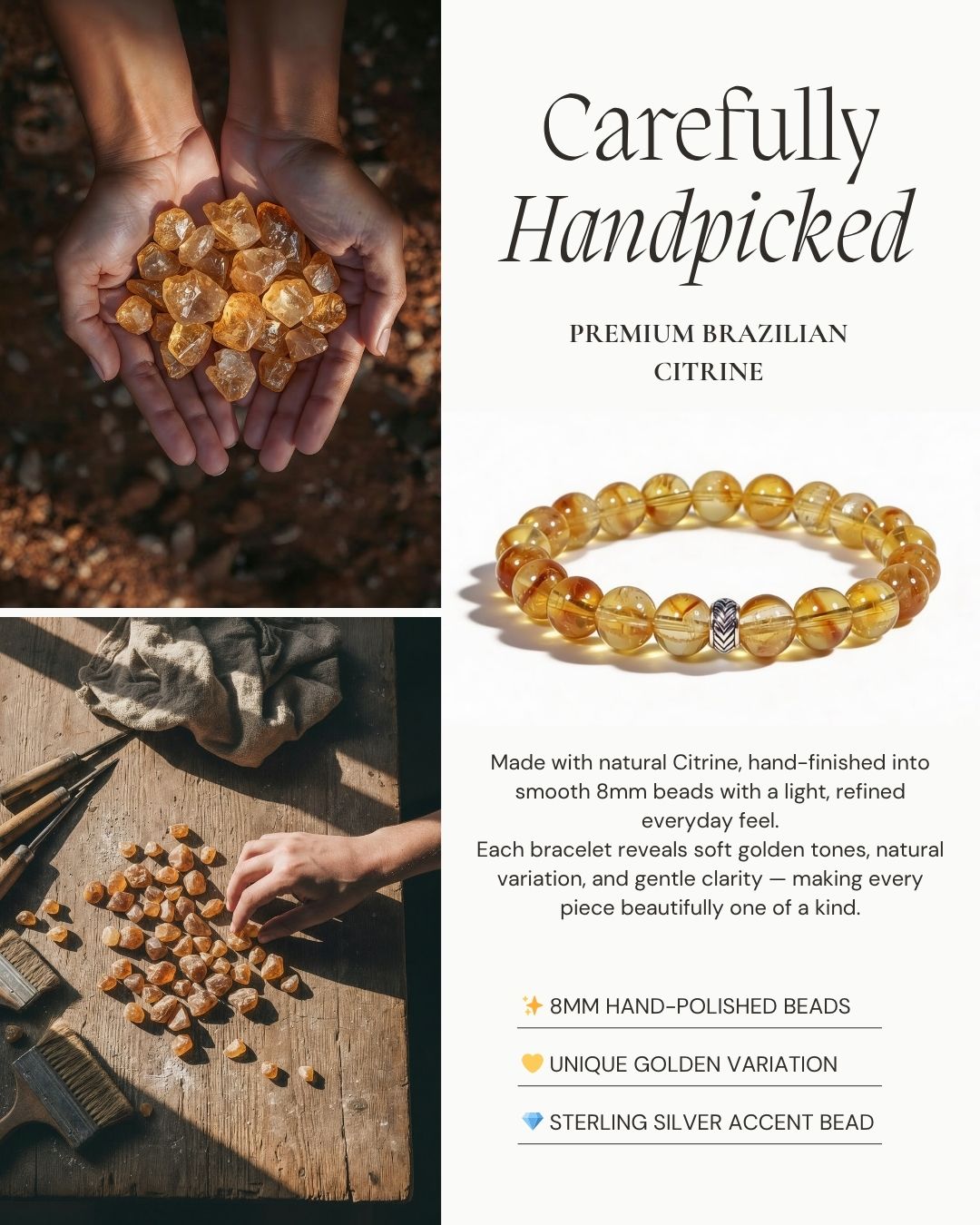 Brilliant Citrine Bracelet made with natural citrine, 8mm hand-polished beads, and a sterling silver accent bead.