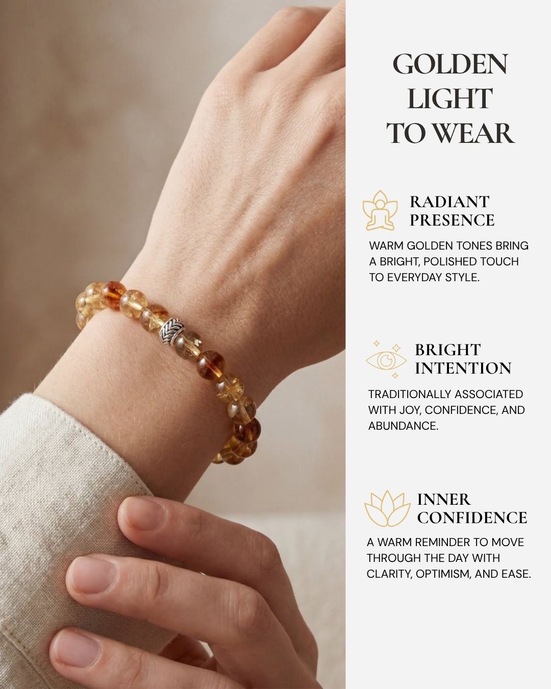 Brilliant Citrine Bracelet worn on the wrist, featuring soft golden citrine beads, lightweight everyday style, and a reminder of joy, confidence, and a brighter state of mind.