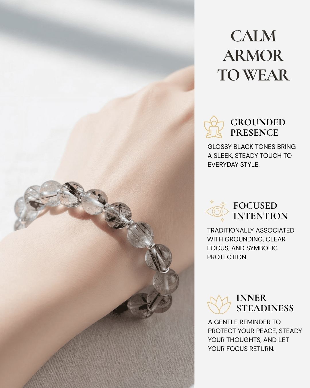 Calm Armor Black Rutilated Quartz Bracelet worn on the wrist, featuring glossy black rutilated quartz beads and a reminder of grounding, clear focus, and symbolic protection.