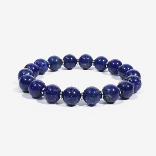 Celestial Lapis Bracelet with natural 10mm Lapis Lazuli beads and silver spacers — handcrafted gemstone jewelry for wisdom, clarity, and calm by JWPatronus.