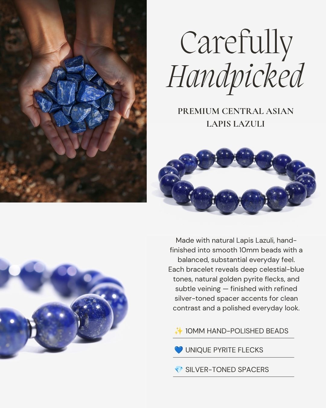 Celestial Lapis Lazuli Beaded Bracelet made with natural Central Asian Lapis Lazuli, 10mm hand-polished beads, deep celestial-blue tones, natural golden pyrite flecks, and refined silver-toned spacer accents.
