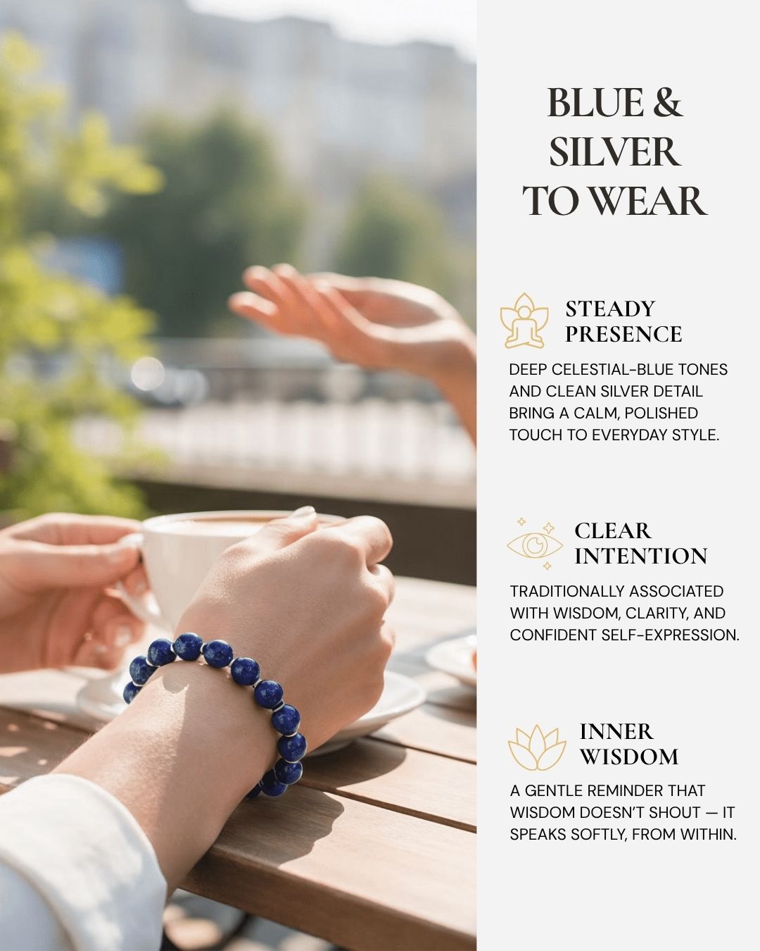 Celestial Lapis Lazuli Beaded Bracelet worn on the wrist, featuring deep celestial-blue Lapis Lazuli beads, natural golden pyrite flecks, silver-toned spacer accents, and a reminder of wisdom, clarity, and confident self-expression.