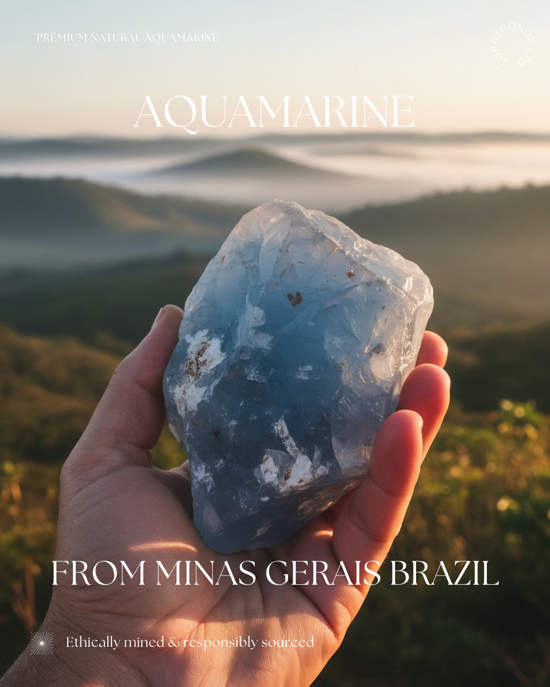 Raw aquamarine crystal held in hand at sunrise, Minas Gerais Brazil origin story for aquamarine jewelry
