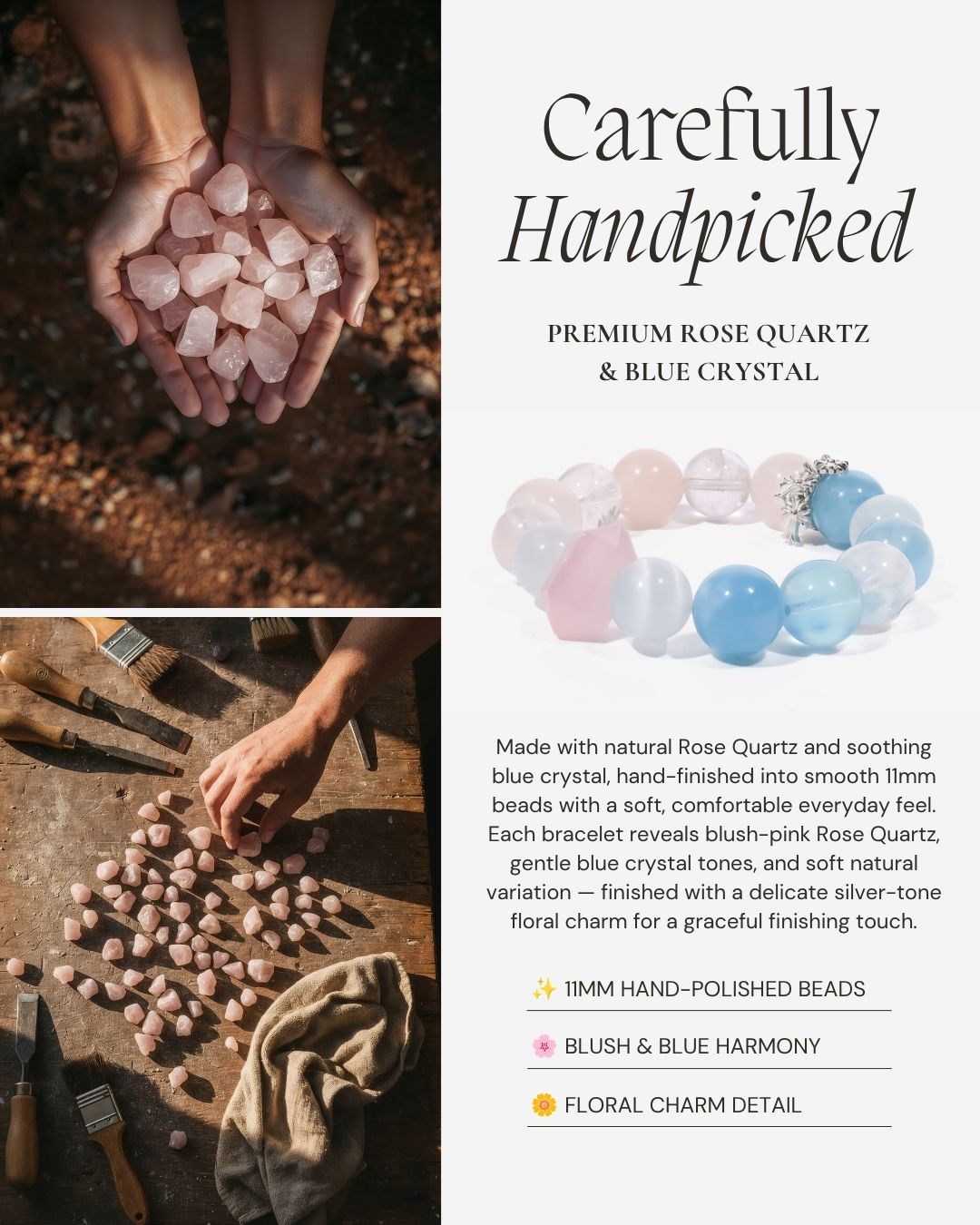 Dreamlight Harmony Bracelet made with natural Rose Quartz and blue crystal, 11mm hand-polished beads, blush-pink and soft blue tones, and a delicate silver-tone floral charm.