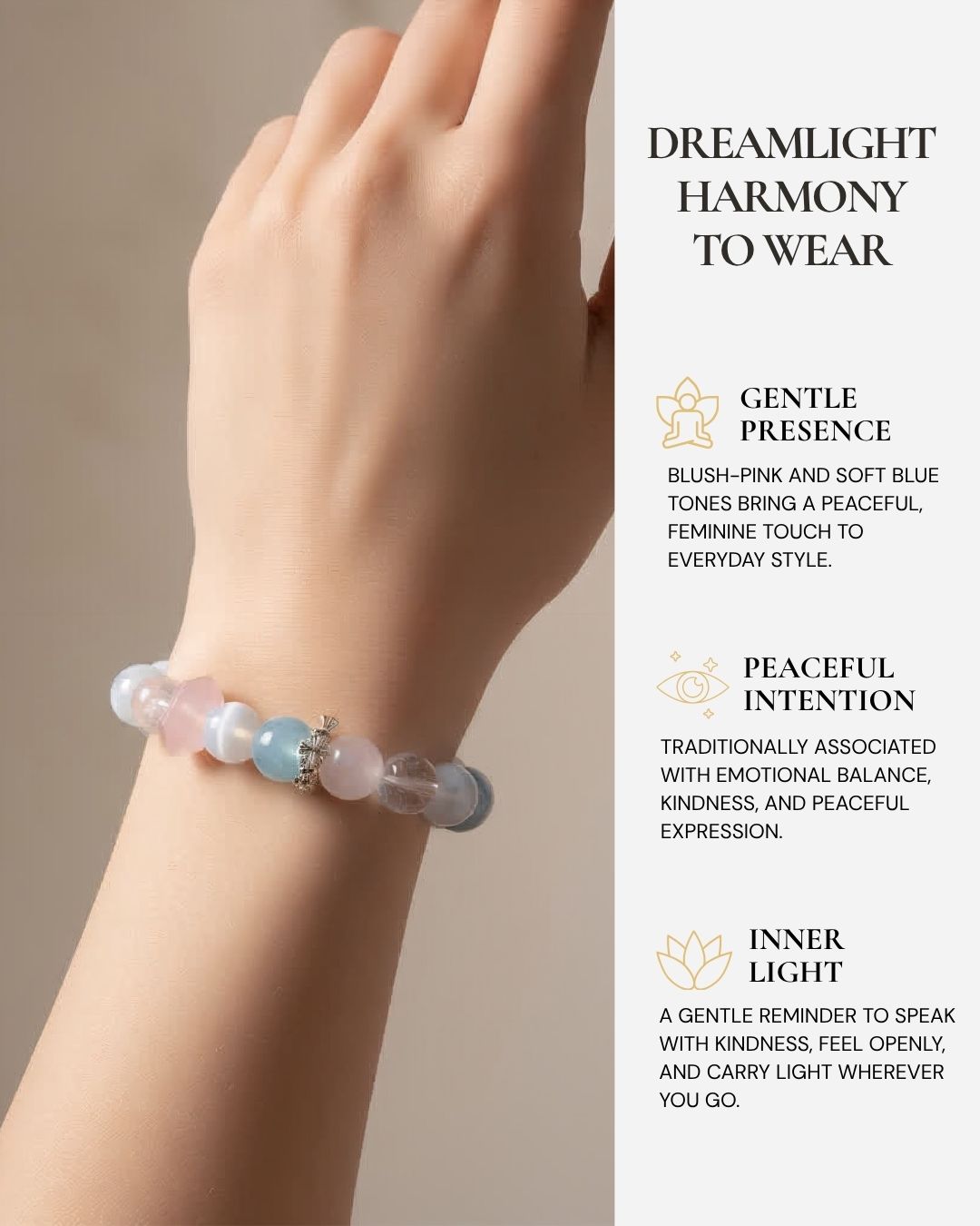 Dreamlight Harmony Bracelet worn on the wrist, featuring blush-pink Rose Quartz beads, soft blue crystal tones, a floral charm detail, and a reminder of emotional balance, kindness, peaceful expression, and inner light.