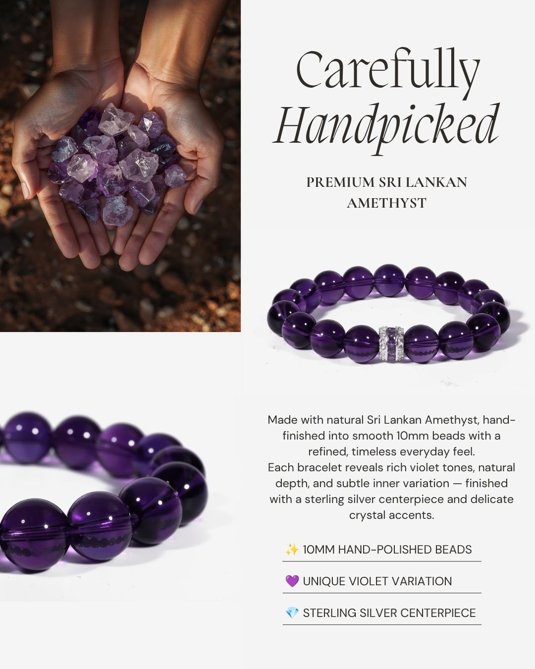 Eternal Elegant Amethyst Bracelet made with natural Sri Lankan amethyst, 10mm hand-polished beads, a sterling silver centerpiece, and subtle crystal accents.