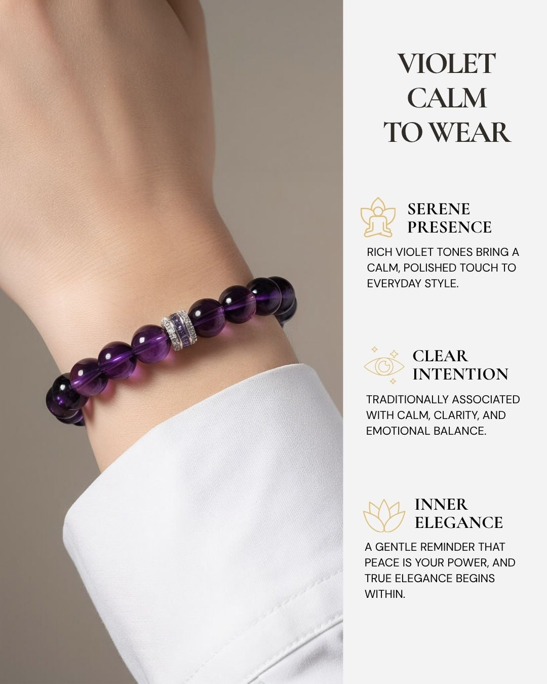 Eternal Elegant Amethyst Bracelet worn on the wrist, featuring rich violet amethyst beads, timeless elegance, calm clarity, and emotional balance.