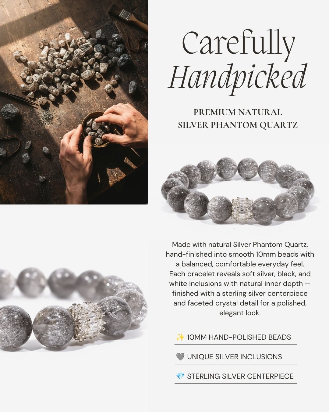 Ethereal Harmony Silver Quartz Bracelet made with natural Silver Phantom Quartz, 10mm hand-polished beads, soft silver and black inclusions, a sterling silver centerpiece, and faceted crystal detail.