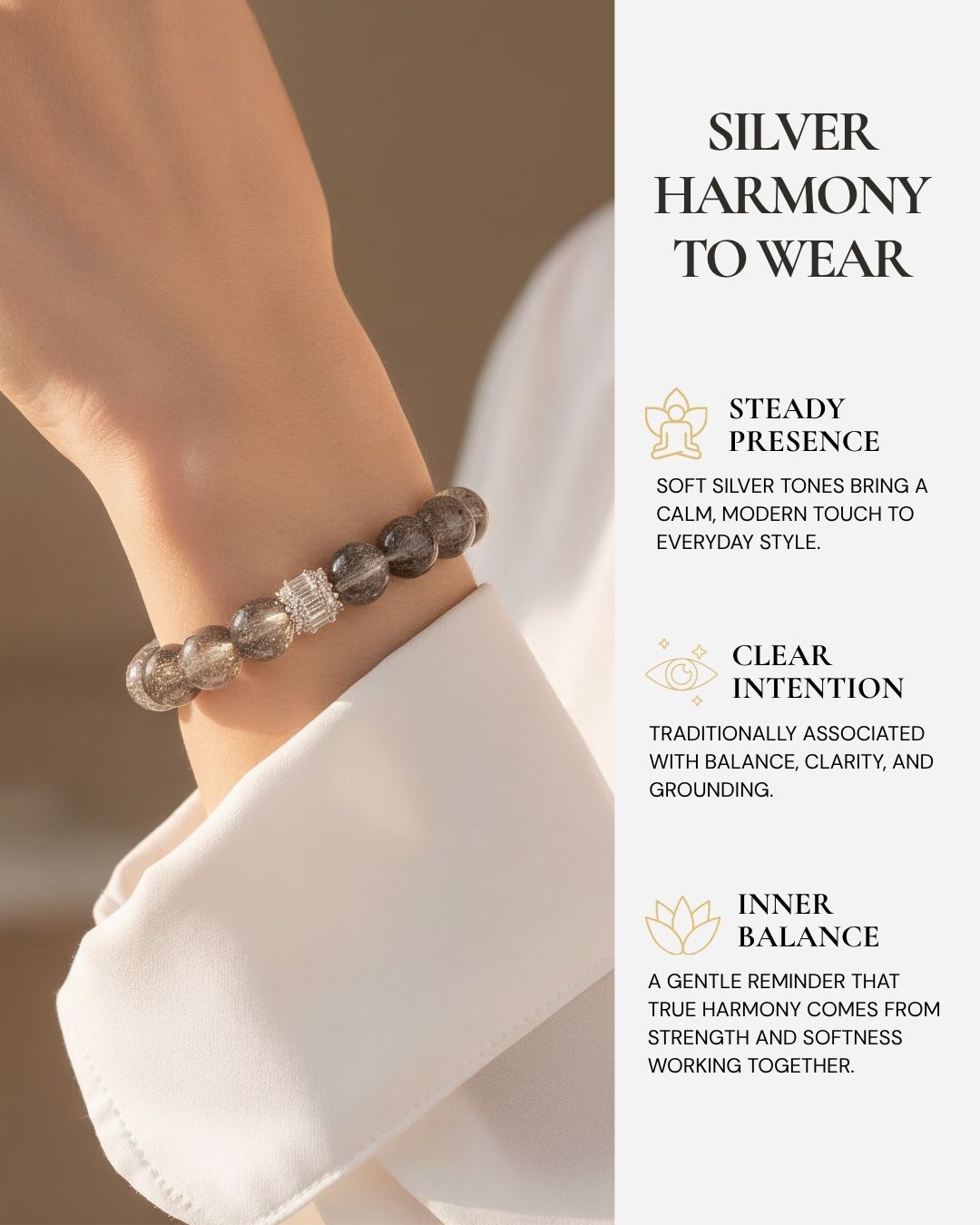 Ethereal Harmony Silver Quartz Bracelet worn on the wrist, featuring natural Silver Phantom Quartz beads, soft silver inclusions, a sterling silver centerpiece, and a reminder of balance, clarity, grounding, and inner harmony.