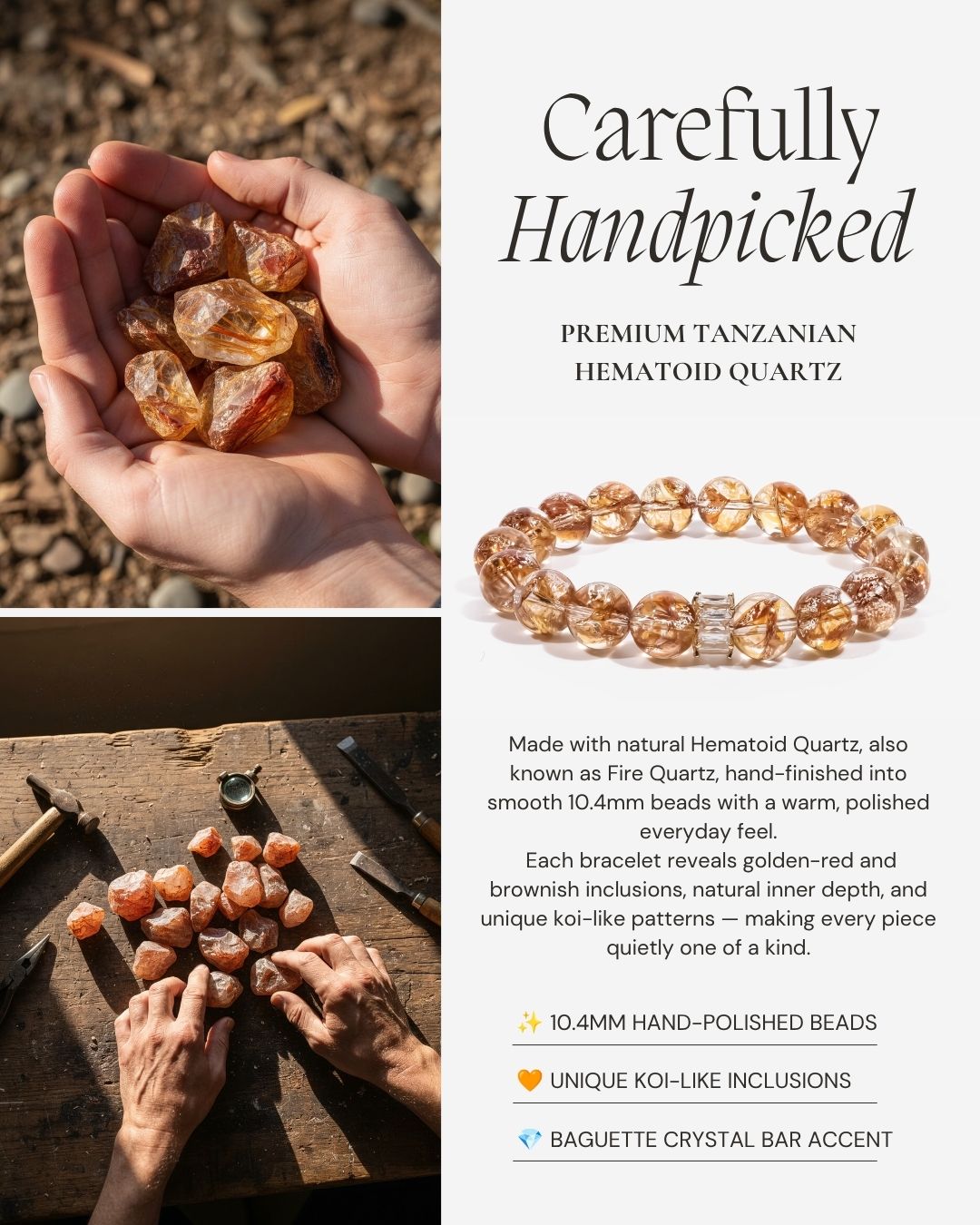 Fortune Koi Hematoid Quartz Bracelet made with natural Hematoid Quartz, also known as Fire Quartz, 10.4mm hand-polished beads, koi-like inclusions, and a baguette crystal bar accent.