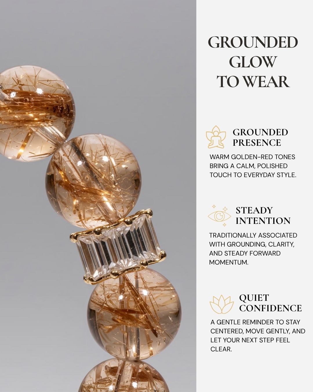 Fortune Koi Hematoid Quartz Bracelet worn on the wrist, featuring warm golden-red Hematoid Quartz beads, koi-like natural inclusions, and a reminder of grounding, clarity, and quiet confidence.
