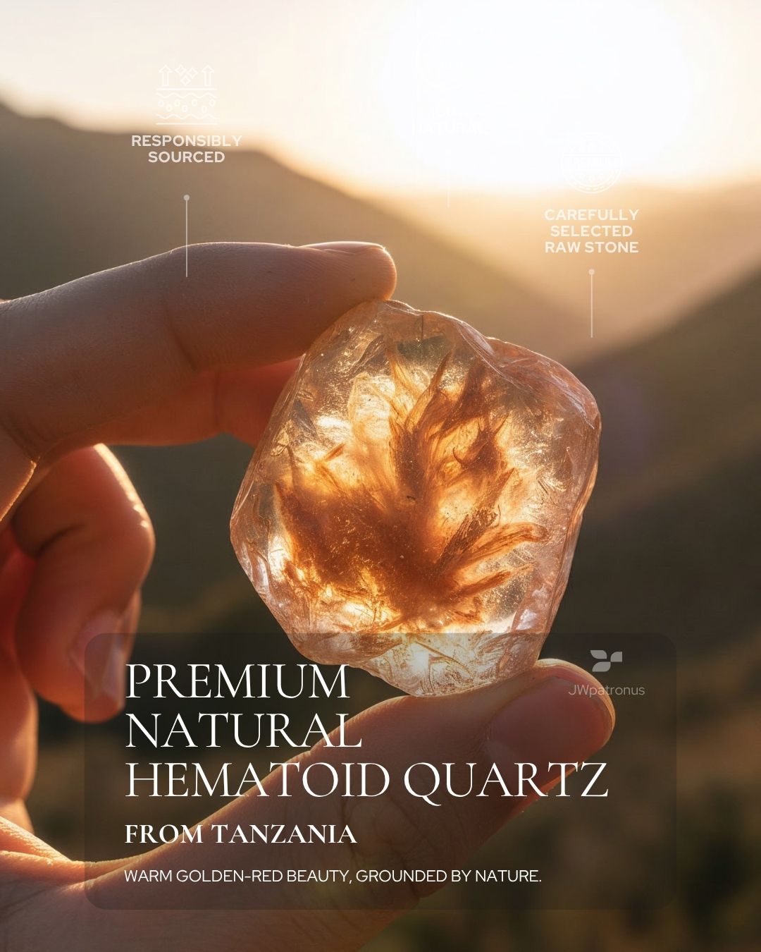 Natural Hematoid Quartz raw stone from Tanzania showing warm golden-red inclusions and carefully selected gemstone quality for Fortune Koi Hematoid Quartz Bracelet.