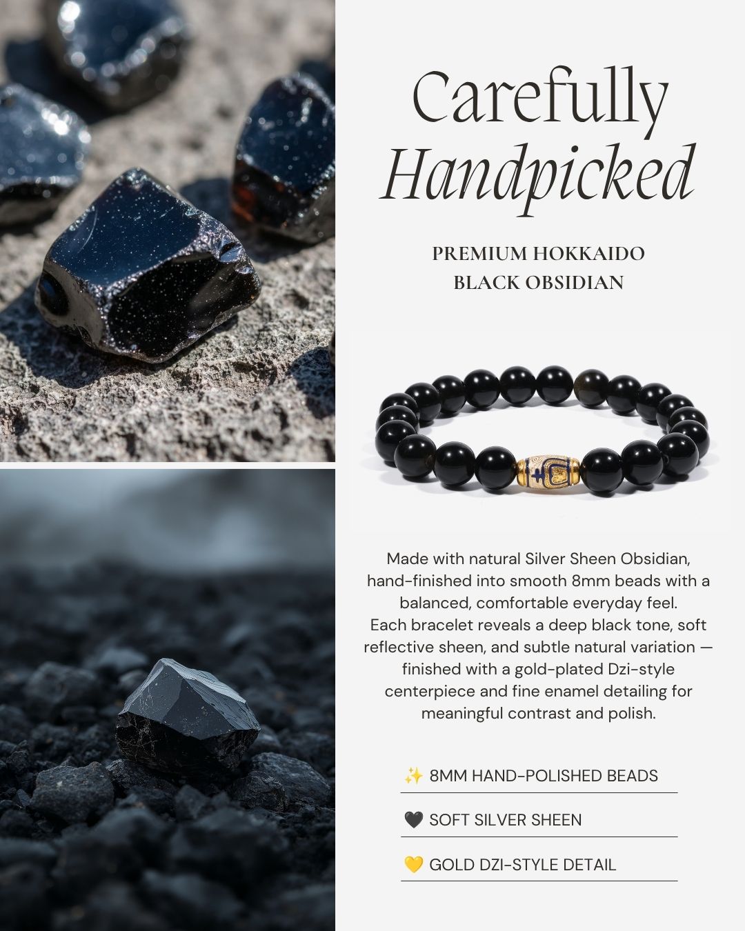 Golden Enameled Obsidian Bracelet made with natural Silver Sheen Obsidian, 8mm hand-polished beads, a soft reflective sheen, and a gold-plated Dzi-style centerpiece with fine enamel detailing.