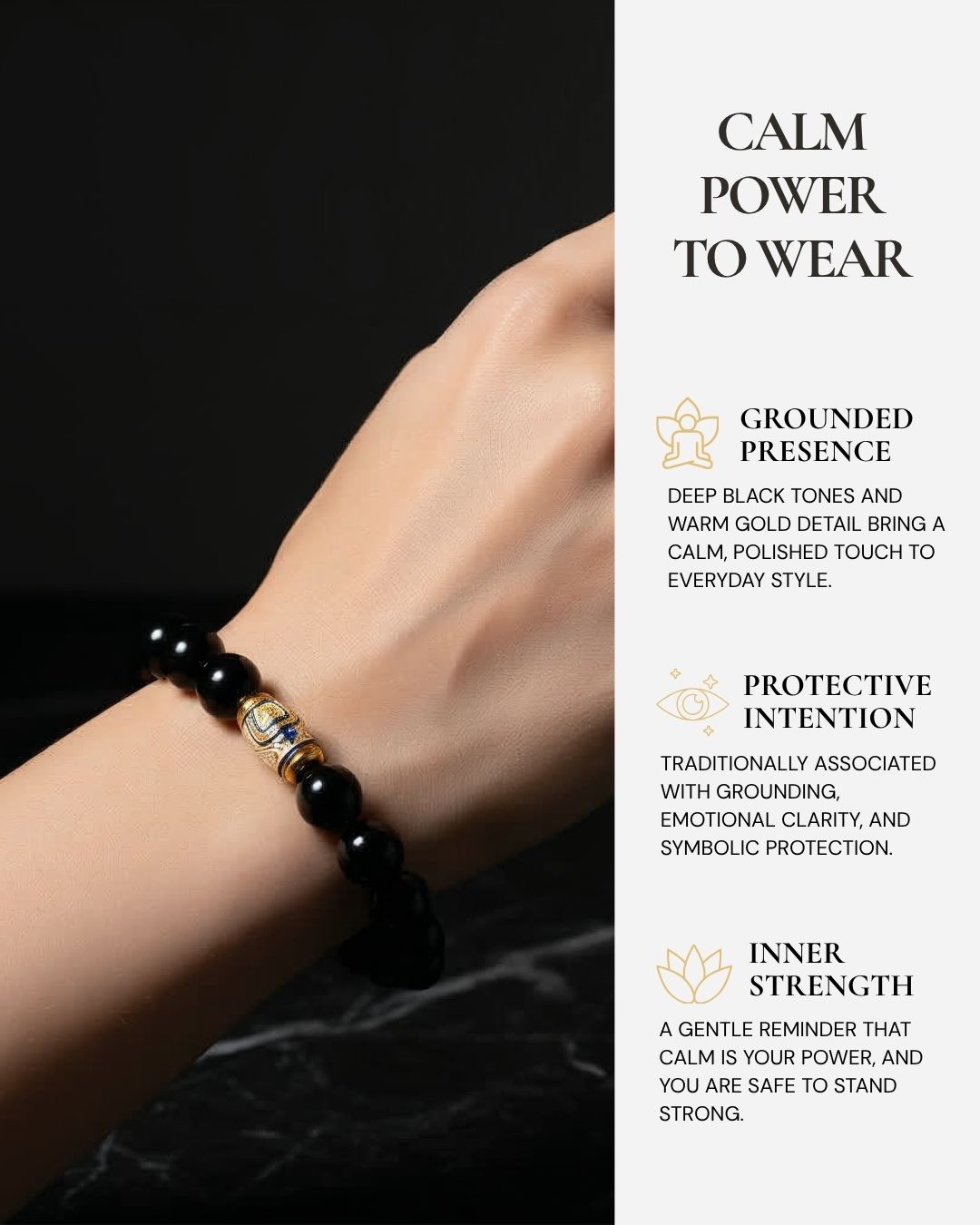 Golden Enameled Obsidian Bracelet worn on the wrist, featuring deep black Silver Sheen Obsidian beads, a soft reflective sheen, warm gold Dzi-style detail, and a reminder of grounding, emotional clarity, symbolic protection, and inner strength.