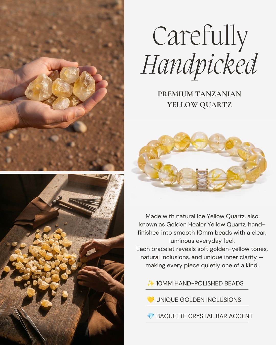 Golden Healer Yellow Quartz Bracelet made with natural Ice Yellow Quartz from Tanzania, 10mm hand-polished beads, unique golden inclusions, and a baguette crystal bar accent.
