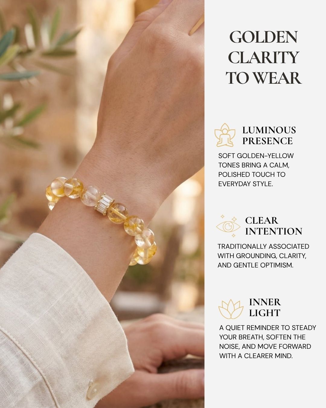 Golden Healer Yellow Quartz Bracelet worn on the wrist, featuring clear golden-yellow quartz beads and a reminder of grounding, clarity, gentle optimism, and inner light.