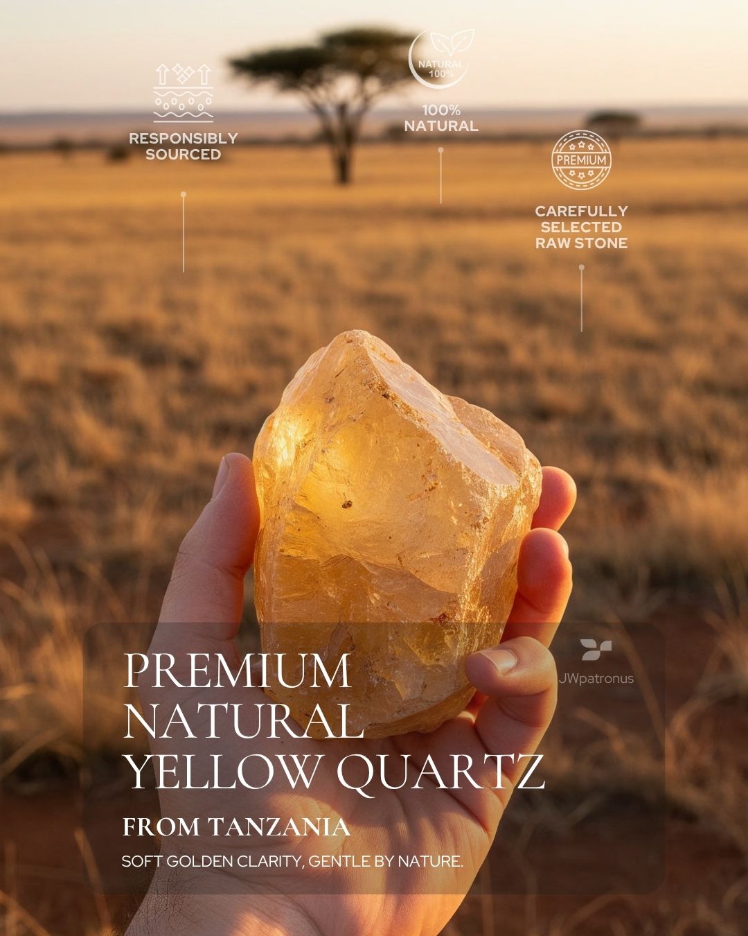 Natural Yellow Quartz raw stone from Tanzania showing soft golden clarity, warm inclusions, and carefully selected gemstone quality for Golden Healer Yellow Quartz Bracelet.